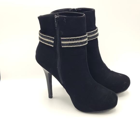 Madeline Stuart black suede heels ankle booties rhinestone strap women's size 8 - Picture 3 of 9